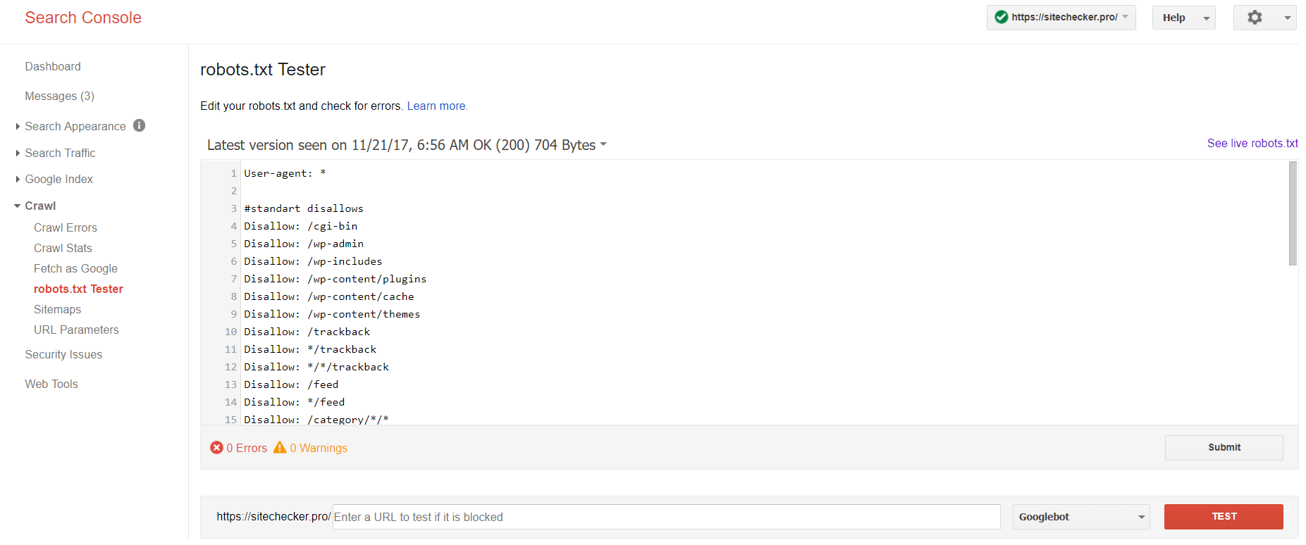 Google Arama Konsolunda Robots.txt test cihazı